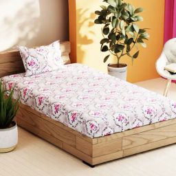 Bianca Sienna White & Pink Cotton Floral 144 TC Single Flat Bedsheet with 1 Pillow Cover-picture-43