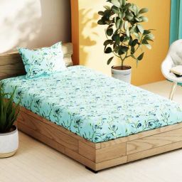 Bianca Sienna Skyblue Cotton Floral 144 TC Single Flat Bedsheet with 1 Pillow Cover-picture-2