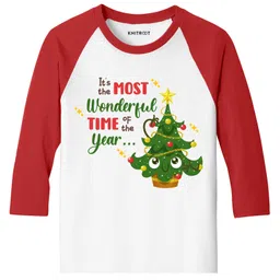 KNITROOT Christmas Theme Raglan Full Sleeves Most Wonderful Time Christmas Printed Tee - Red & White-picture-25