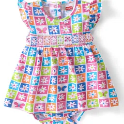 Babyhug 100% Cotton Knit Frill Sleeves Checks & Floral Printed Frock Style Onesie - Multicolour-picture-36
