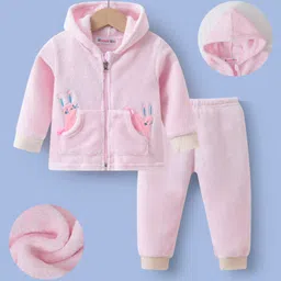 Kookie Kids Full Sleeves Winter Wear Hooded Sweatjacket & Lounge Pant Set with Bunny Patch- Pink-picture-17