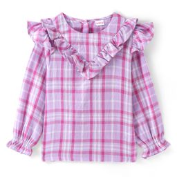 Babyhug Full Sleeves Rayon Woven Checks Top with Frill Detailing -Purple-picture-11