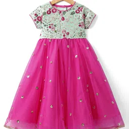 Babyhug Woven Short Sleeves Net Sequenced Ethnic Dress With Floral Embroidery - Fuchsia-picture-25