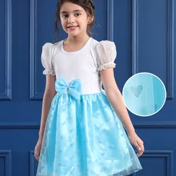 Mark & Mia Net Woven Half Puffed Sleeves Party Frock with Glitter Printed Heart & Bow Detailing - Light Blue-picture-12