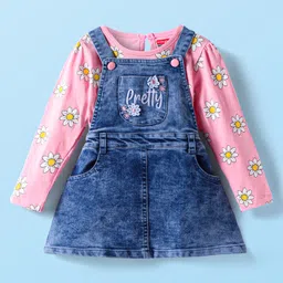 Babyhug Woven Denim Frock & Full Sleeves Inner Tee With Floral Print - Navy Blue & Pink-image-3