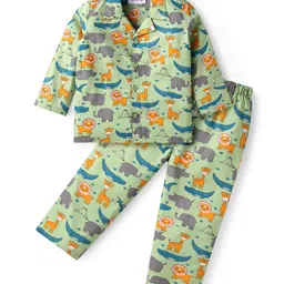 Babyhug Cotton Woven Full Sleeves Night Suit With Dino Print - Green-picture-24