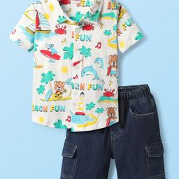 Babyhug Poplin Woven Half Sleeves Shirt & Denim Shorts Set With Beach Theme Print - White & Blue-picture-36