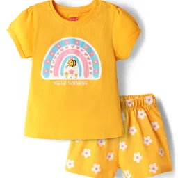 Babyhug Cotton Knit Half Sleeves Shorts Night Suit With Floral Print - Yellow-picture-34