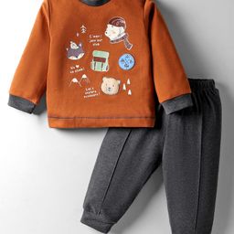 Zero Interlock Knit Full Sleeves T-Shirt & Lounge Pant Set with Animal Print & Patch Detailing - Charcoal Grey & Rust Orange-picture-3