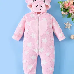 Mark & Mia Full Sleeves Front Open Hooded Winter Wear Romper with Cow Print - Pink-picture-23