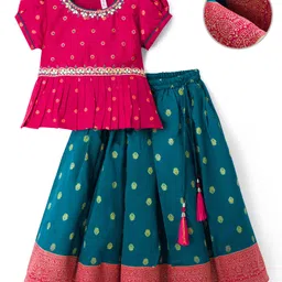 Babyhug Brocade Woven Full Sleeves Pattu Pavda Choli Lehenga Set With Floral Foil Print & Embriodery - Red & Green-picture-36