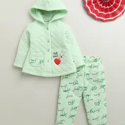Bumzee Knit Full Sleeves Hooded Winter Wear Set With Bunny Embroidery & Love Print - Light Green-picture-16