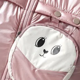 Babyoye Woven Full Sleeves Solid Front Open Hooded Padded Jacket With Mini Purse - Pink image 3