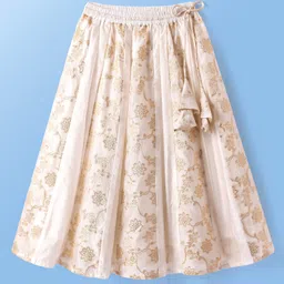 Babyoye Cotton Woven Three Fourth Sleeves Lehenga Choli Set With Floral Embroidery Lace Detailing & Dupatta -White & Gold image 4