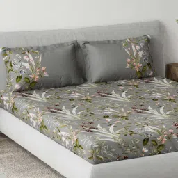 DDecor Grey Cotton 145TC Floral Print Bedsheet with 2 Pillow Cover image 2