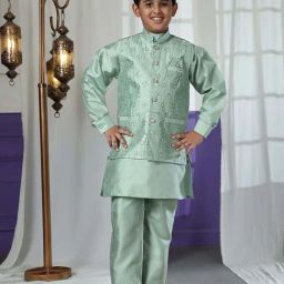 Pro-Ethic Style Developer Boys Green Sequence Full Sleeves Self Design Kurta Sets-picture-43