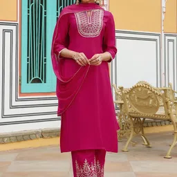 Janasya Women Ethnic Motifs Embroidered Sequinned Kurti with Palazzos & With Dupatta-picture-24