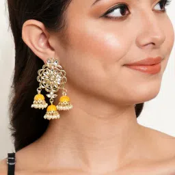 Karatcart Gold-Plated Kundan Studded Yellow Meena Floral Triple Jhumki Earrings for Women image 2