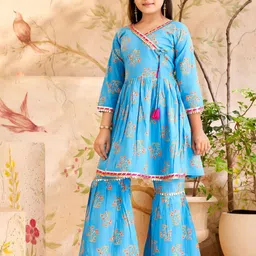 Sangria Girls Floral Printed Pure Cotton A Line Kurti With Sharara-picture-39