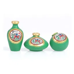VarEesha Miniature Green & Golden Terracotta Flower Pot - Set of 3 image 2