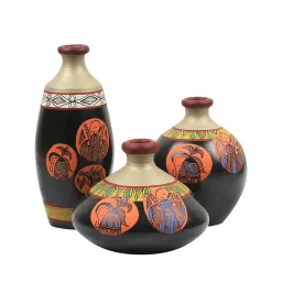 VarEesha Madhubani Black Terracotta Flower Vase - Set of 3 image 2