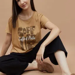 Ginger By Lifestyle Light Brown Cotton Regular Fit Printed Night T-Shirt image 4