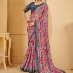 Saree Mall Grey Chiffon Self Saree with Blouse Piece image 2
