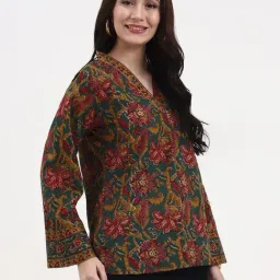 Yufta Green And Brown Cotton Floral Long Sleeves Straight Fit Top image 3