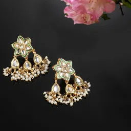 Dugran By Dugristyle Green & Gold Drop Earrings with Kundan and Pearls for Women image 2