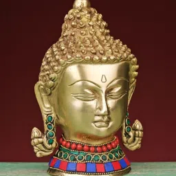 Ekaa Handicrafts 5.5" Brass Lord Buddha Head with Stonework image 2