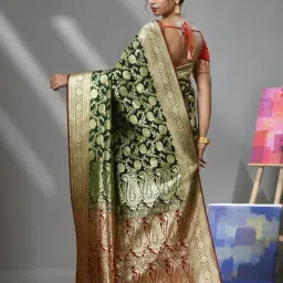 CHARUKRITI Green & Red Woven Saree With Unstitched Blouse image 2