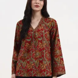 Yufta Red And Green Cotton Floral Long Sleeves Straight Fit Top-image-44