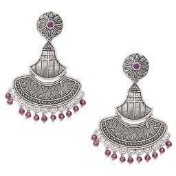 Oomph Oxidized Silver Ethnic Silver Look Alike Maroon Beads Dangler Earrings image 2