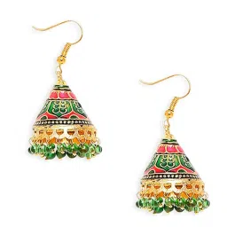 Oomph Green Pink Meenakari Cone Shape Jhumki Earrings image 2