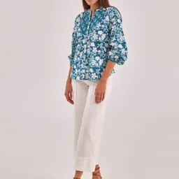 QOMN Teal Cotton Printed Top image 5