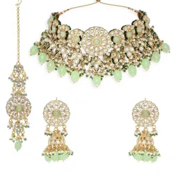 Oomph Mint Green Jadau Necklace, Earring & MaangTikka Set image 2