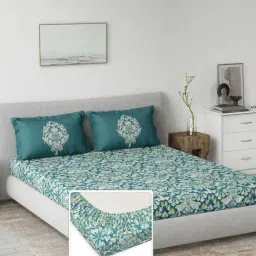 DDecor Blue Cotton 145TC Floral Print Bedsheet with 2 Pillow Cover-picture-43