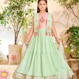 Aarika Girls Green & Light Pink Embroidered Lehenga, Choli, Jacket, Dupatta with Unstitched Sleeves-picture-4