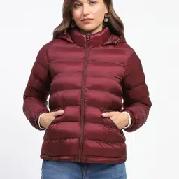 MADAME Maroon Cotton Regular Fit Puffer Jacket-image-2