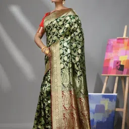 CHARUKRITI Green & Red Woven Saree With Unstitched Blouse image 3