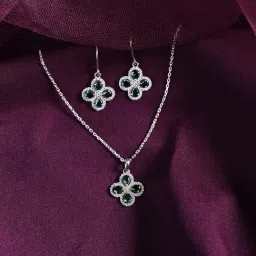 Clara 925 Silver Rhodium-Plated Swiss Zirconia Green Flower Pendant with Chain & Earring Set-image-21