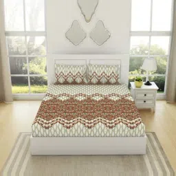 Spaces Ikkat Dark Orange 100% Cotton 144 TC King Fitted Bedsheet with 2 Pillow Covers-image-78