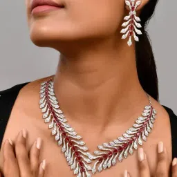 Voylla Silver Sparkling Essential Luxurious Ruby Crystal American Diamond Necklace & Earring Set image 2