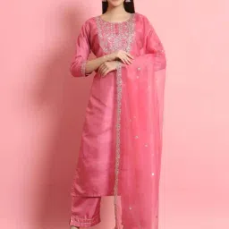 VredeVogel Pink Embroidered Kurta & Pant Set With Dupatta-picture-22