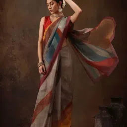 Silk Land Multicolored Printed Saree With Unstitched Blouse-image-42