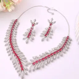 Voylla Silver Sparkling Essential Luxurious Ruby Crystal American Diamond Necklace & Earring Set-picture-24