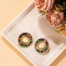 corsica DressBerry Gold-Plated Rhinestones Studded & Pearls Beaded Circular Shaped Studs-picture-28
