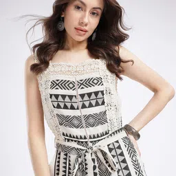 glitchez Geometric Printed Lace Detail Basic Jumpsuit With Waist Tie-Up-picture-21