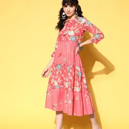 RAJGRANTH Pink & Beige Floral A-Line Pure Cotton Midi Dress image 2