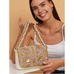 Fabbhue Womens Hand Embroidered Gold Clutch-image-22